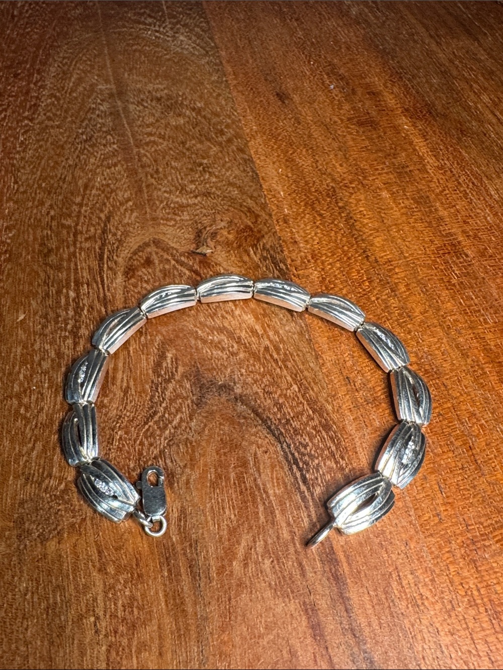 Textured  sterling Silver Link Bracelet - diamonds